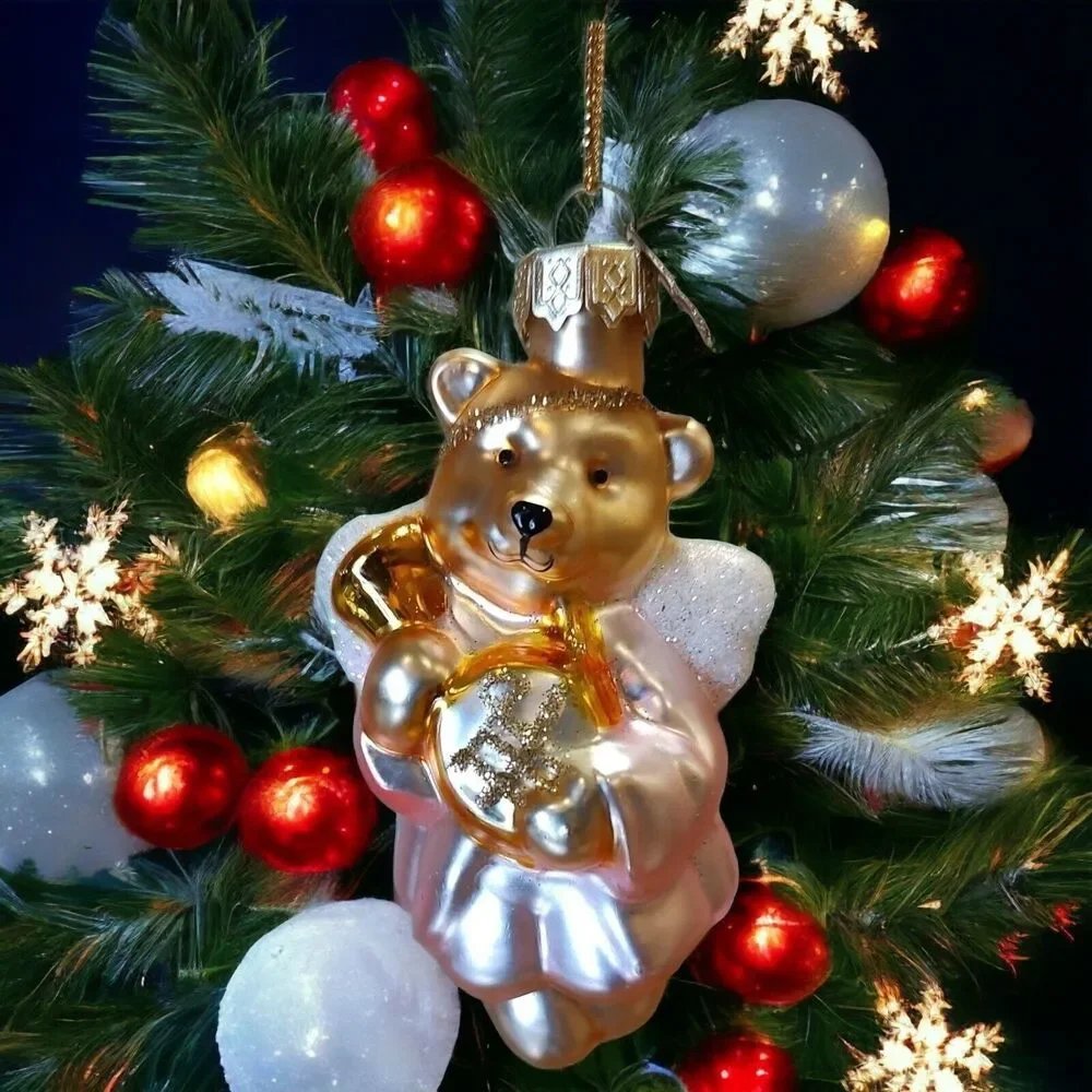 Gold Pink Angel Teddy Bear Ornament Hand Blown Glass Thomas Pacconi Classics '02